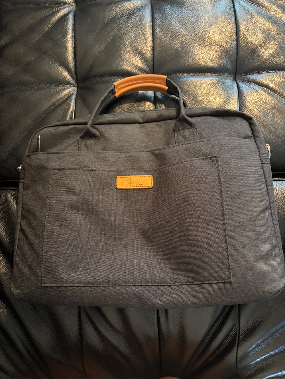 Canvas Laptop Briefcase - Black with Tan Handle
